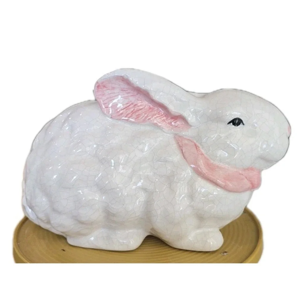 VTG Lot 2 white crackle glaze ceramic bunny pink bow Kitsch Easter Spring Size L